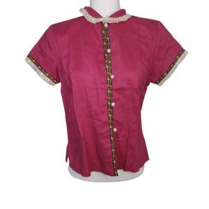Colours LG  Plum Button Up With Lace And Floral Trim Around The Collar And Hems
